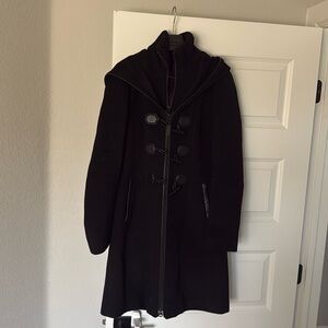 Mackage Black Wool Coat with Zip-In Bib Hood XS | Leather Trim